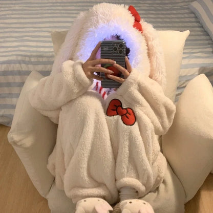 Sweet and Cute Bow Rabbit One-piece Pajamas Women's Winter New Fleece Thickened Coral Fleece Large Size Loungewear Sleepwear