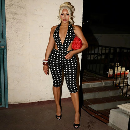FLARORA Sexy Polka Dot Print Jumpsuits Woman Hipster Halter Sleeveless Backless Hollow Skinny Jumpsuit Hottie Party Streetwear
