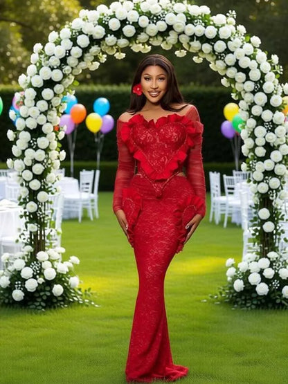Elegant Women's Red Lace Dress Set Spring Off Shoulder Ruffled Design Long Sleeve Gown Sexy Bodycon Skirt and Top Set Two Pieces
