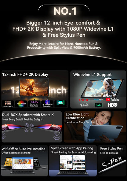 Blackview MEGA 2 Tablet PC Set With Keyboard, Mouse, Stylus, 12'' 2K Display 12GB+24GB RAM 256GB ROM, Android 15 Tablet, 9000mAh