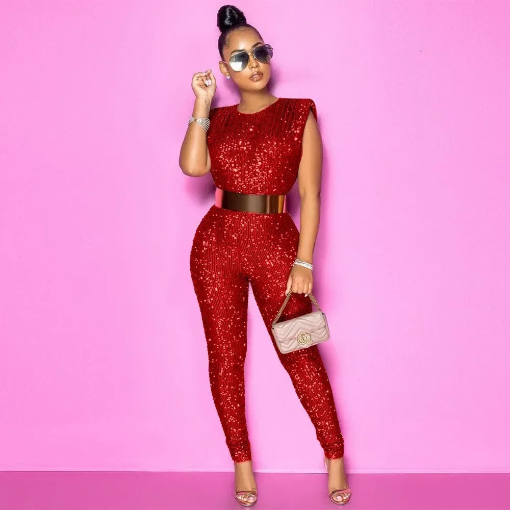 Women Sequins Sexy Jumpsuits New Sleeveless Party Skinny Solid Club Female Elegant Fashion Street Casual Belt Not Included