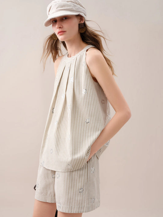 FSLE【Premium Series】2026 Summer Women's Striped Embroidered Sleeveless Blouse - Vacation Elegance Collection for Resort
