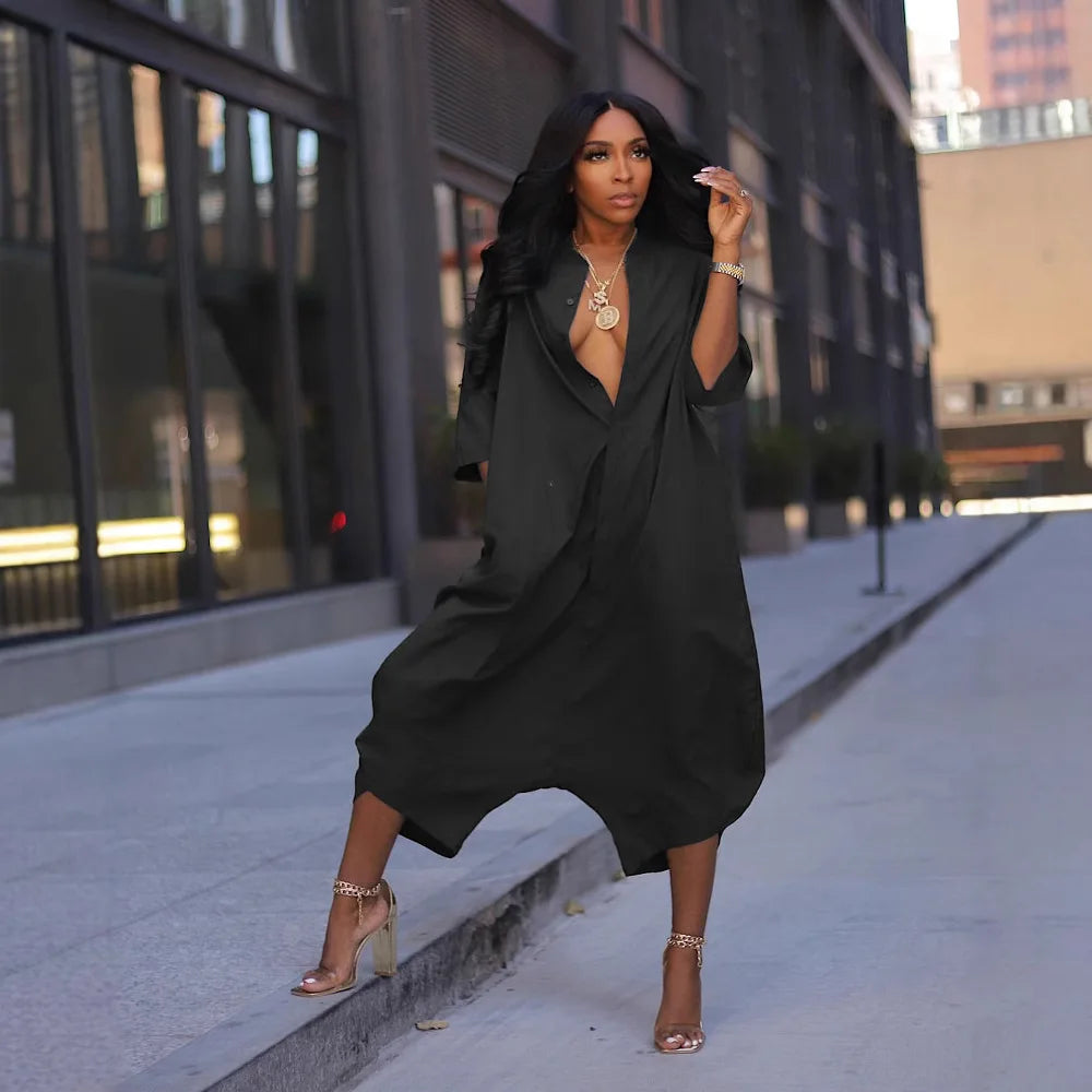 Women Plus Size Jumpsuit Business Casual Black Shirt Collar 3/4 Sleeve Pocket  Harem Pants Rompers Single Breasted Loose Outfits
