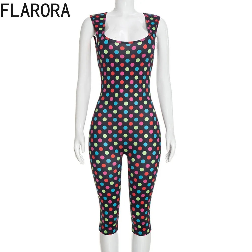 FLARORA Trendy Polka Dot Print Jumpsuit Woman Sexy Square Collar Sleeveless Backless Skinny Peach Hip Romper Hottie Streetwear