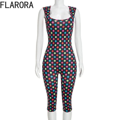 FLARORA Trendy Polka Dot Print Jumpsuit Woman Sexy Square Collar Sleeveless Backless Skinny Peach Hip Romper Hottie Streetwear