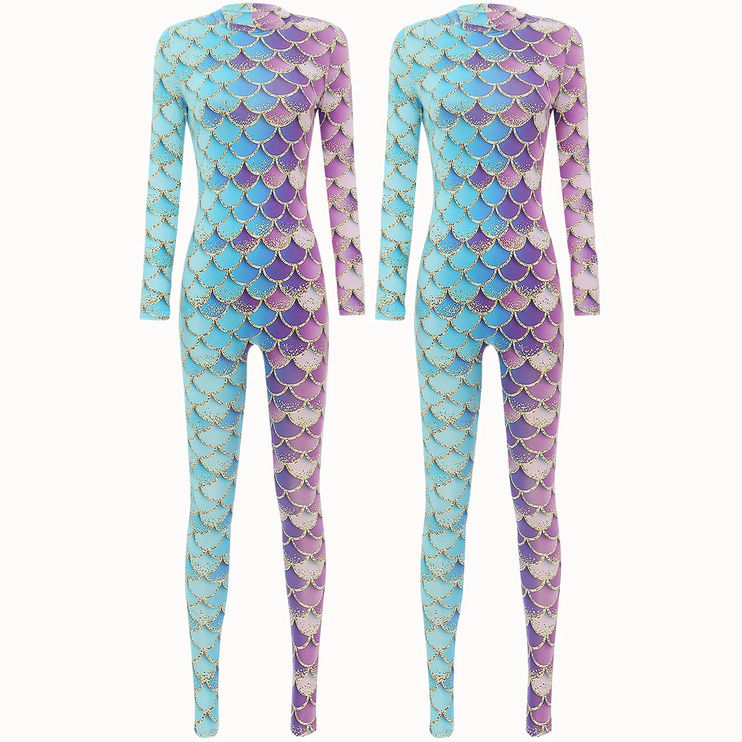 Womens Rash Guard One Piece Swimsuit Mermaid Fish Scale Print Long Sleeve Back Zipper Full Body Tops Sexy Swimwear Jumpsuit