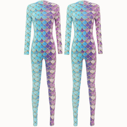 Womens Rash Guard One Piece Swimsuit Mermaid Fish Scale Print Long Sleeve Back Zipper Full Body Tops Sexy Swimwear Jumpsuit