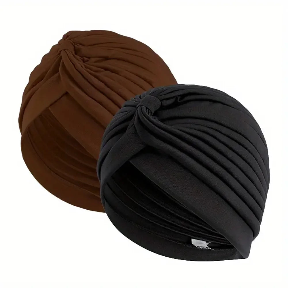 2pcsWomen's Pleated Knot Turban Hat, Soft Stretchy Beanie Cap for Chemo Hair Loss, Muslim Hijab Headwrap, Fashion Daily Headwear