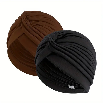2pcsWomen's Pleated Knot Turban Hat, Soft Stretchy Beanie Cap for Chemo Hair Loss, Muslim Hijab Headwrap, Fashion Daily Headwear