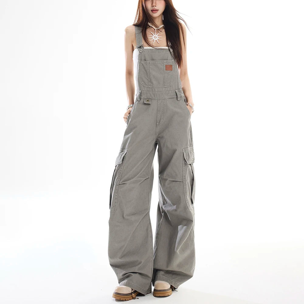 Women's Big Pocket Cargo Overalls Street Jumpsuits Straight Unisex Trousers Wide Leg Sweatpants High Waist Casual Baggy Pants
