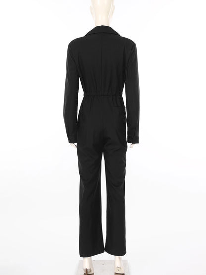 Womens Fashion Work Coverall Rompers Casual Solid Color Turn-Down Collar Long Sleeve Button Jumpsuit Travel Holiday Cargo Pants