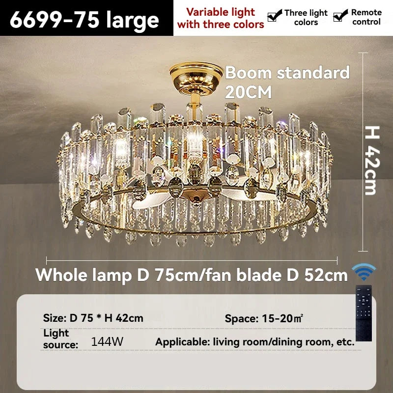 Nordic Luxury Crystal Ceiling Fan Light Modern Minimalist Dining Room Hotel Pendant Lights Living Room Bedroom Silent Fan lamp