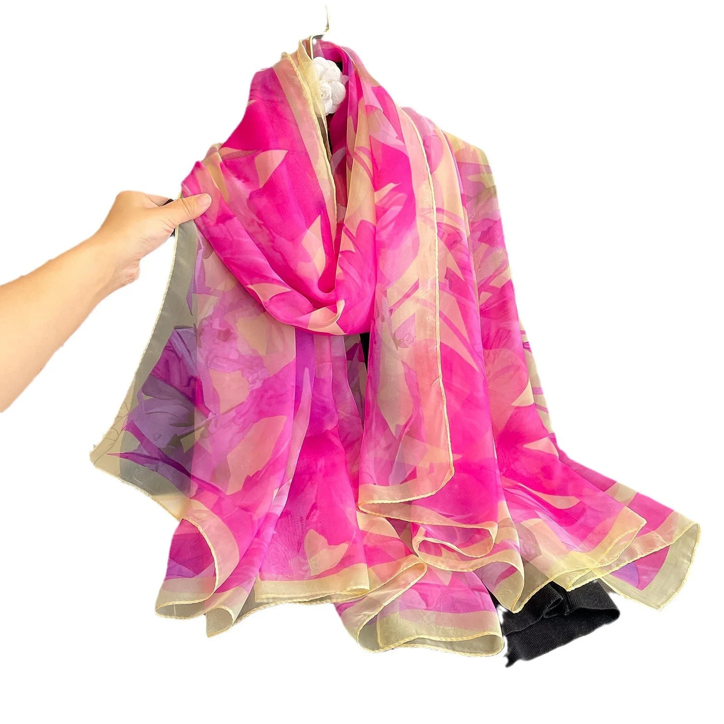 New Fashion Pink Silk Scarf Soft Stoles Women Summer Hijab Scarf Luxury Print Sunscreen Shawl Wraps Bandana Ladies Head Scarves
