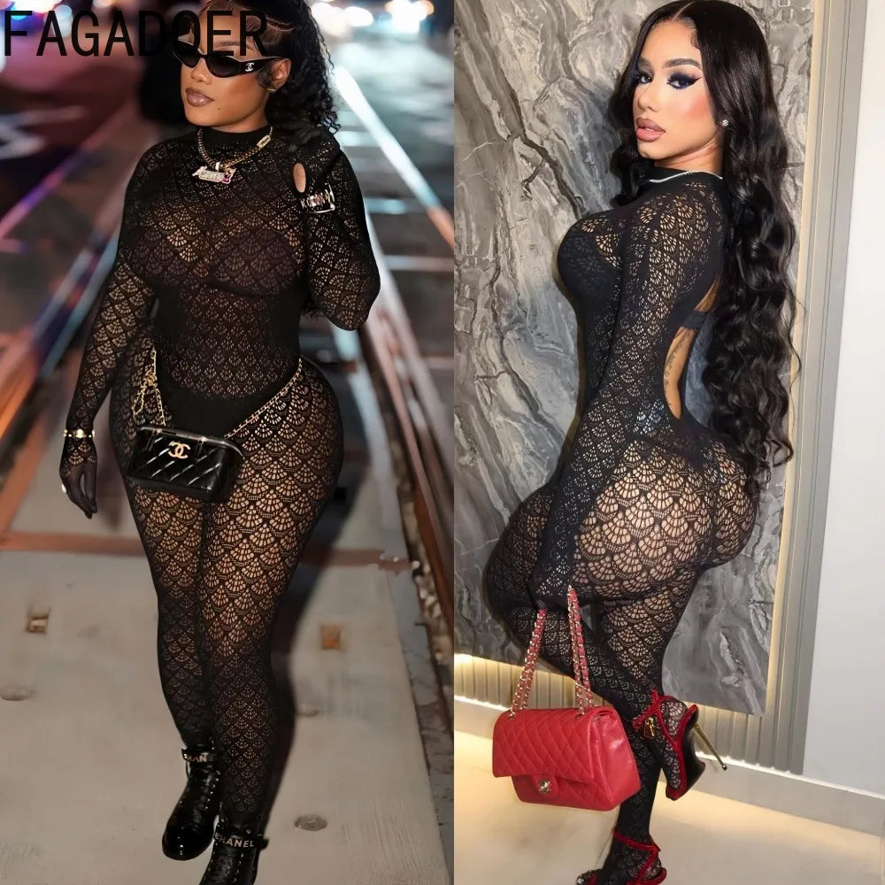 FAGADOER Sexy Hollow Out Patchwork Bodycon Jumpsuits Women Lace See Through Long Sleeve Backless Rompers Female Party Clubwear