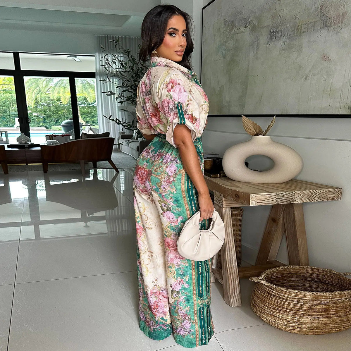 Jumpsuits Women Print One Piece Short Sleeve Overalls Wide Leg Long Pants High Waist Rompers Y2k Streetwear Beach V Neck 2025