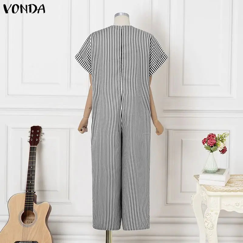 Plus Size VONDA Women Jumpsuits Summer Fashion Short Sleeve Stripe Jumpsuits Wide Leg Pants V Neck OL Party Overalls Playsuits