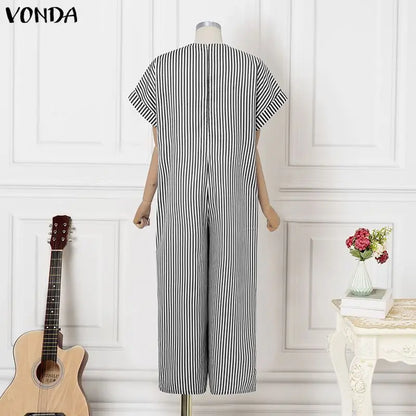Plus Size VONDA Women Jumpsuits Summer Fashion Short Sleeve Stripe Jumpsuits Wide Leg Pants V Neck OL Party Overalls Playsuits