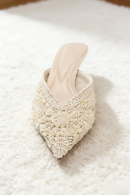 Elegant String Bead Decoration Heeled Sandals Women Sexy Pointed Toe Mesh Woven Slippers Summer Luxury Designer Shoes for Ladies