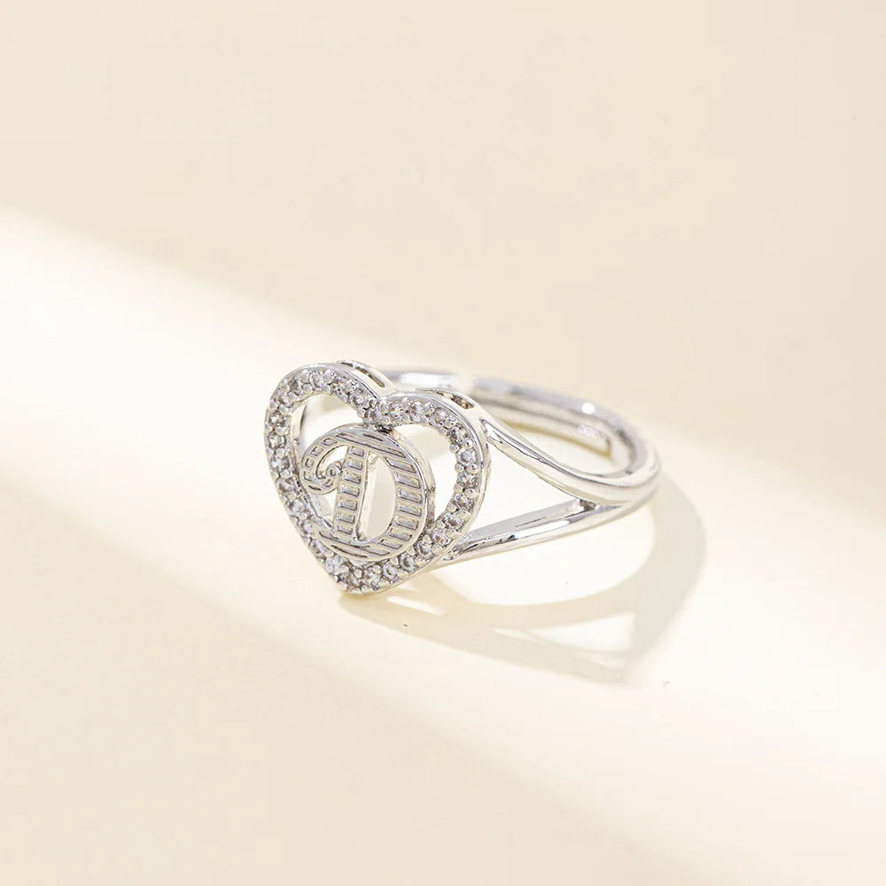 White Zircon 26 Letters A-Z Love Heart Open Adjustable Rings For Women Gold Silver Color Wedding Band Jewelry Mother's Day Gifts