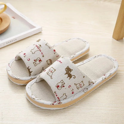 Four Season Linen Home Slippers Women Autumn Indoor Casual Floral Slides Couples House Non-slip Sandals Adults Cartoon Cat Shoes