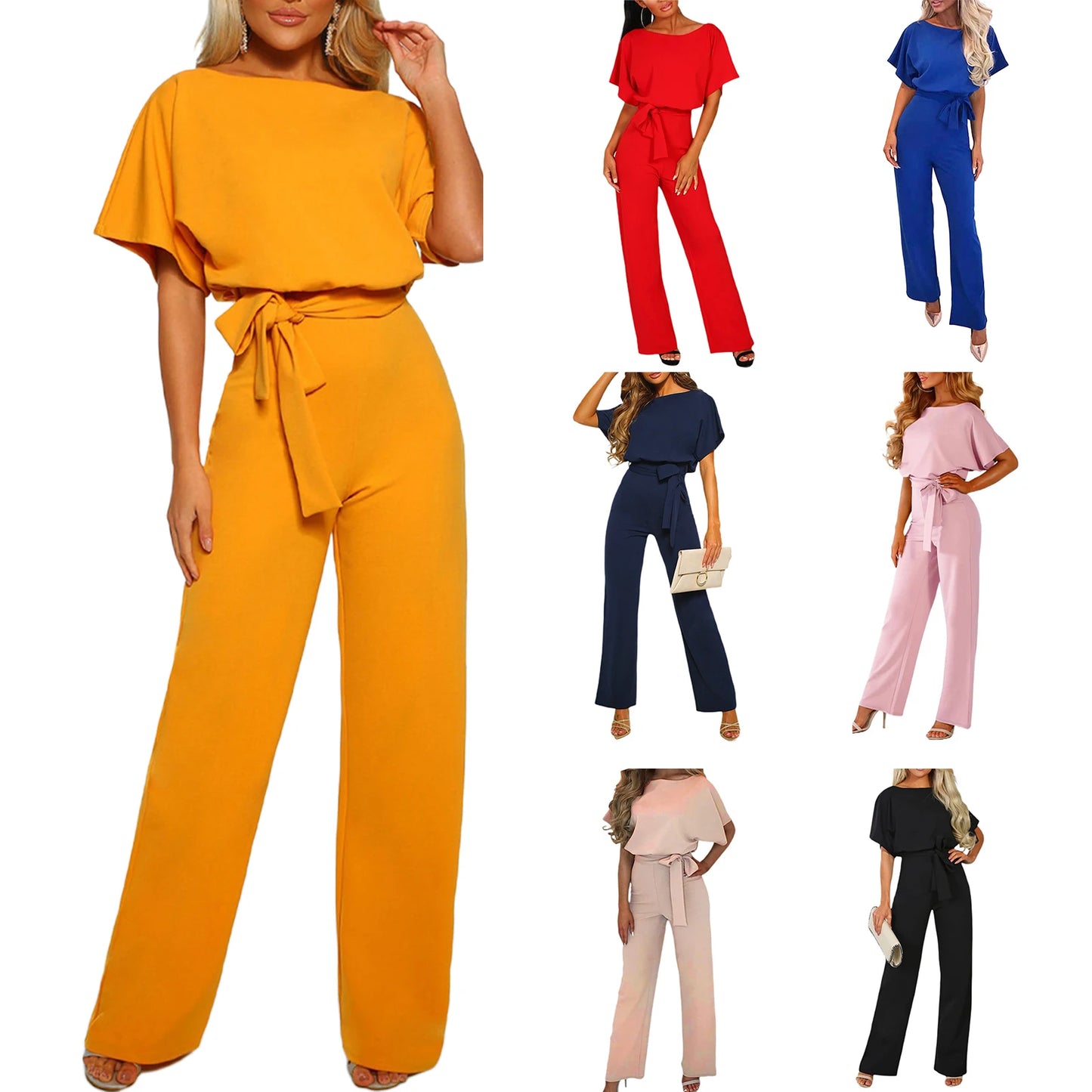 Women's clothing summer 2024 Jumpsuit, Elegant Short Sleeve Hollowed Waist Tie Solid Summer Wide Leg Pants