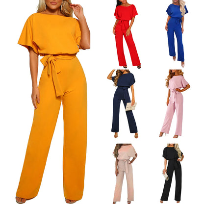 Women's clothing summer 2024 Jumpsuit, Elegant Short Sleeve Hollowed Waist Tie Solid Summer Wide Leg Pants