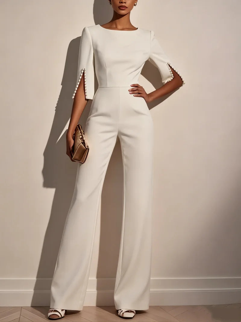 Women Round Neck Pearl Sleeve Wide Leg Jumpsuit Elegant Office Lady Fashion Spring Autumn