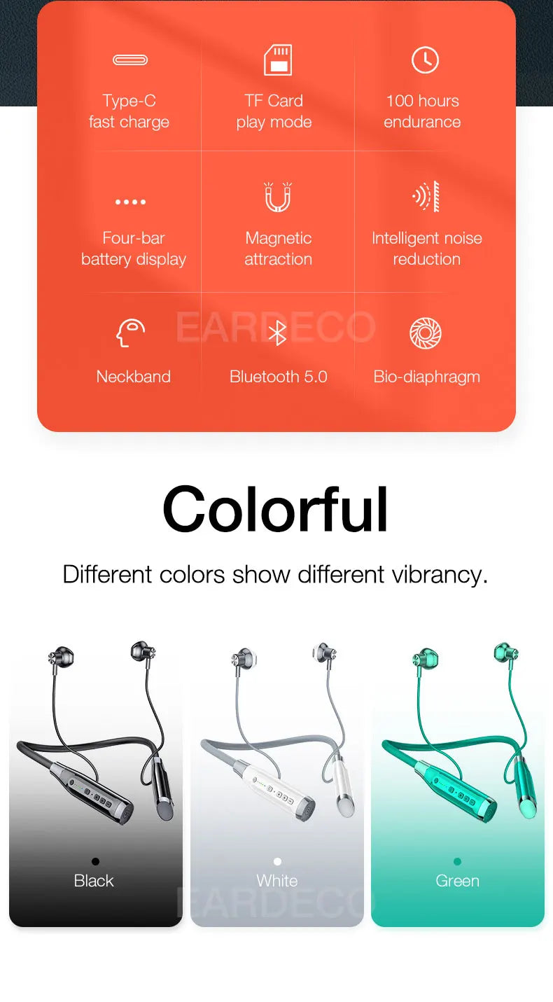 EARDECO 100 Hours Endurance Wireless Headphones Bass In-ear Bluetooth Headphone Earphone Music Sport Earbuds with Mic Stereo