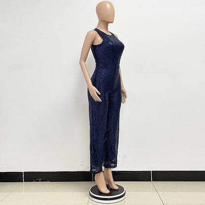 Bling Bling Sequined Club Jumpsuit Sexy Women O-neck Elegant Shiny Sliver Gold Sequins Straight Romper Overalls