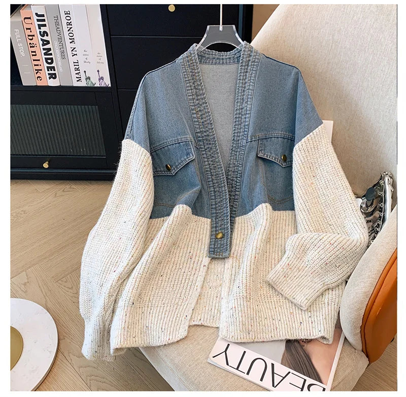 Fat mm200 Pounds Vintage Denim Patchwork Sweater Coat ins Fashion Woman 2024 Autumn and Winter Thickened Loose Niche Cardigan
