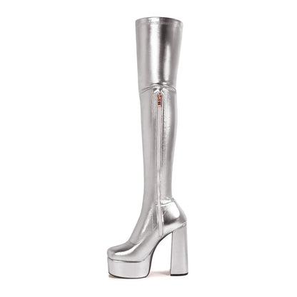 Thin Leg Thick Heels Platform Shoes Women's 2025 Summer Autumn Over the Knee Boots Candy Color Patent Leather Super High Heels