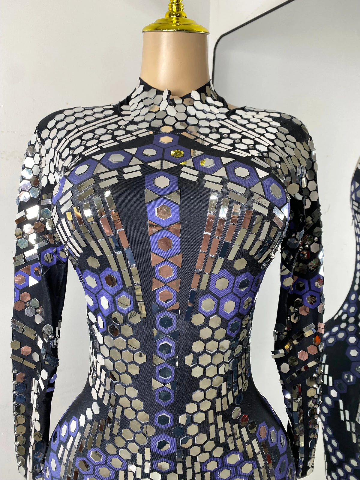 Women Sexy Spandex Tight Jumpsuit Long Sleeve Mirrors Cosplay Costume Nightclub Dancer Outfit Performance Stage Wear
