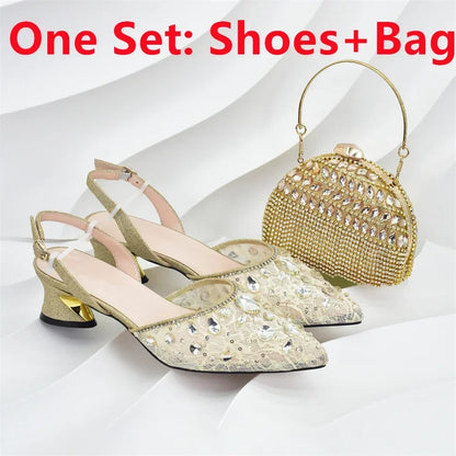 New Arrival African Wedding Shoes and Bag Set with Rhinestone Italian Design Shoes with Matching Bags Nigerian Lady Party Pumps