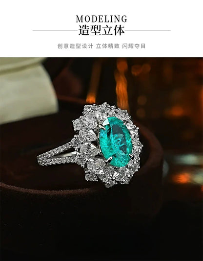 S925 Silver Ring 2ct Neon Blue Green Zircon Ring Double Layer Surrounding Luxury Women's Jewelry