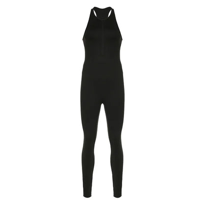 Solid Color Splicing Zipper Hollow Out Backless Tight Fitting Sleeveless Jumpsuit Pants European American Sports Yoga Women's