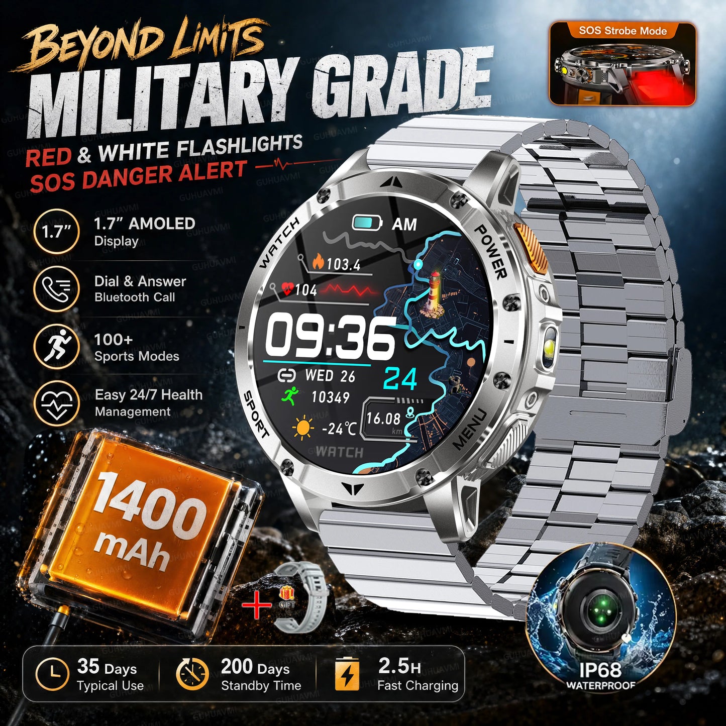 TANK Ultra Outdoor Smartwatch 1400mAh Battery Military Watches Waterproof Two-color Tactical LED Flashlight Men Sports Bracelet