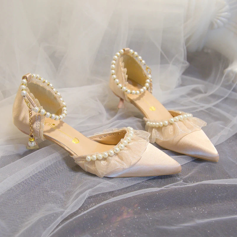 Elegant Pearl Weddings Bridal Pumps for Women 2026 Summer Silk Ankle Straps High Heels Shoes Woman Pointed Toe Dress White Shoes