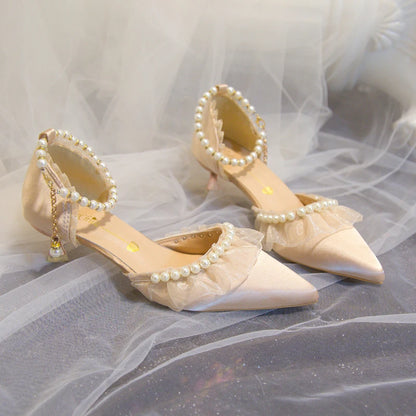 Elegant Pearl Weddings Bridal Pumps for Women 2026 Summer Silk Ankle Straps High Heels Shoes Woman Pointed Toe Dress White Shoes