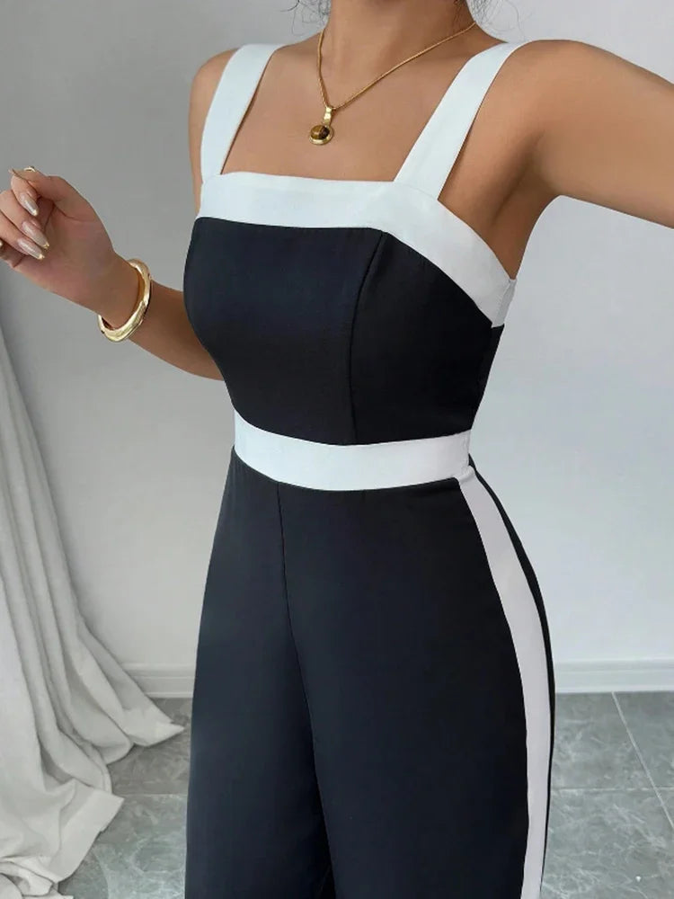 Women's Casual Black Jumpsuit White Contrast Trim Square Neck Great for City Nights Social Gatherings Fashionable Wear