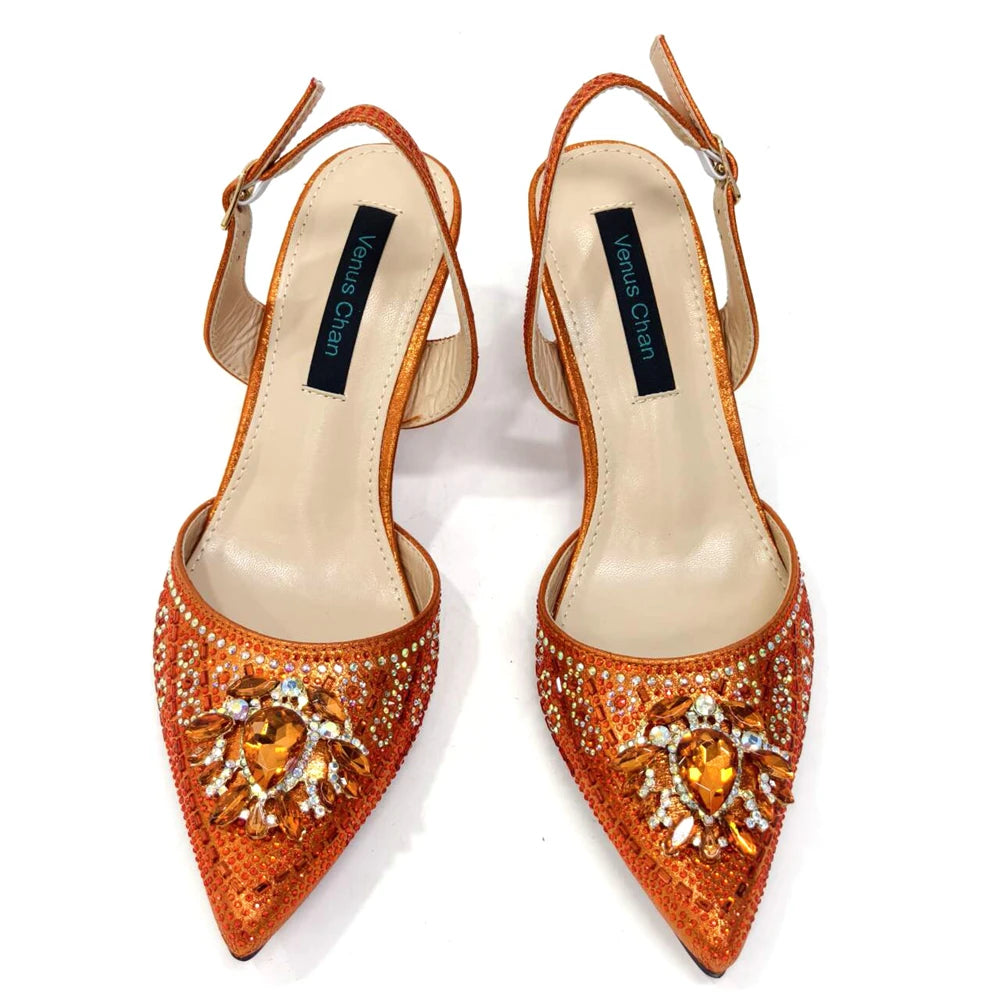 Venus Chan Italian Shoes and Bags Matching Set 2024 Nigerian Heel Party for Women Orange Colour Italian Design Wedding INS 2024