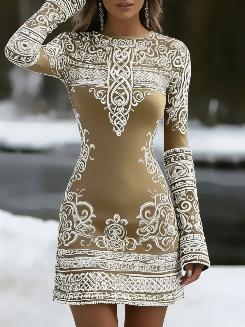 Slim Fit Round Neck Long Sleeved Hip Hugging Short Skirt Dress for Women Elegant Slimming Atmosphere Dress