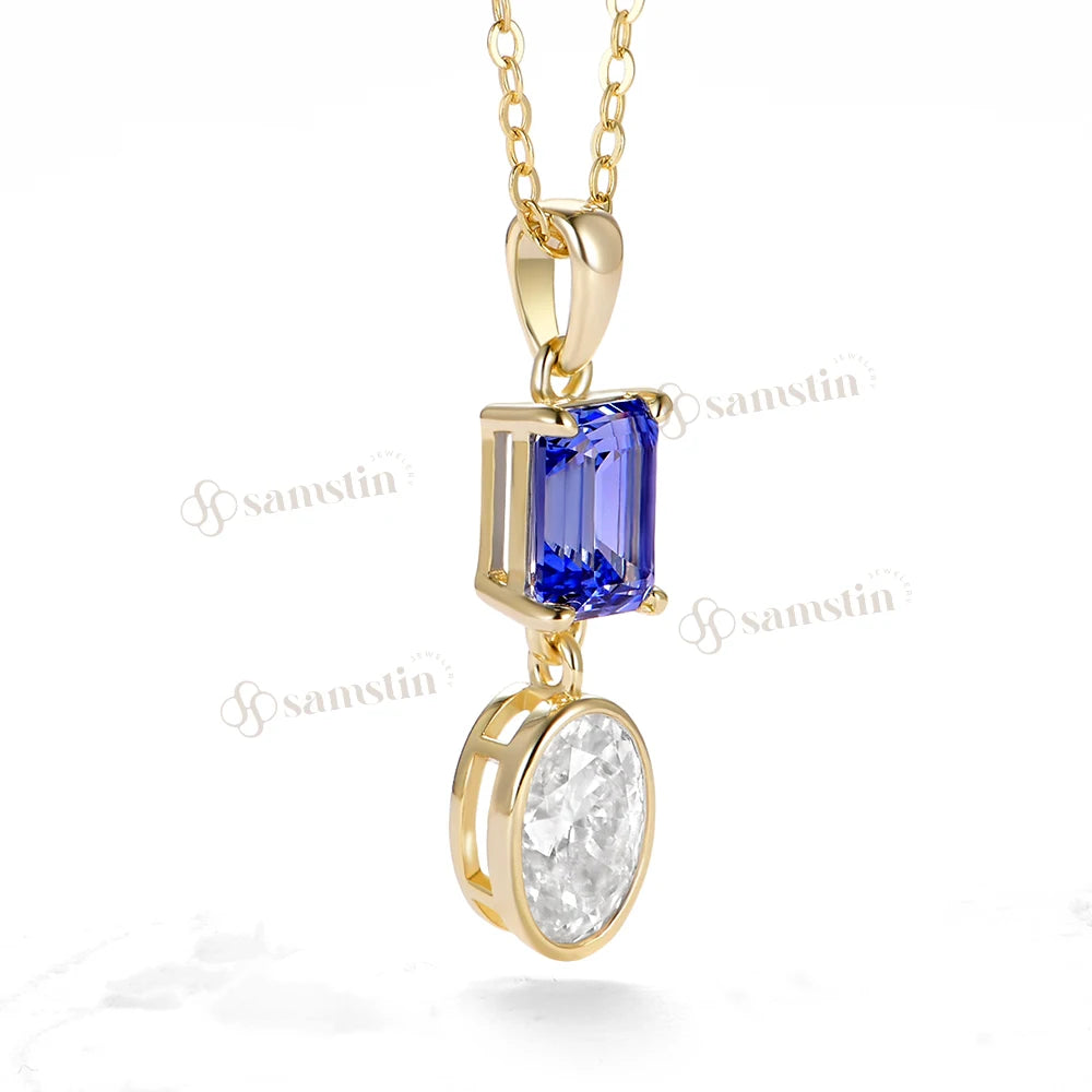 Samstin 4.3CT Lab Sapphire Moissanite Necklace for Women Solid 14K 10K Yellow Gold Necklace for Christmas  Party Jewelry Chain