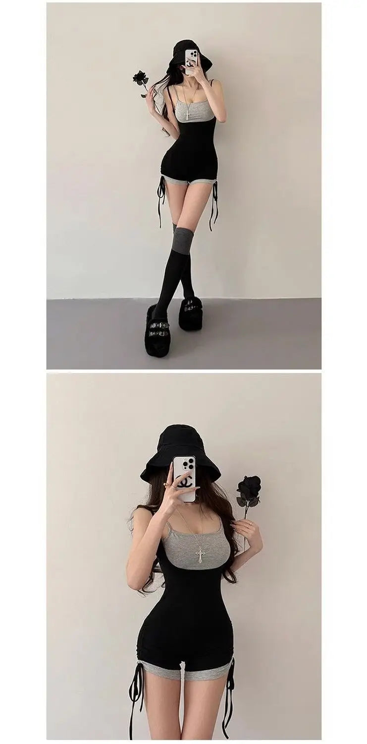 American Style Street Hot Girl Sexy Suspender Jumpsuit Shorts Color Blocked Fake Two-piece Design Sense Fitness Yoga Jumpsuit