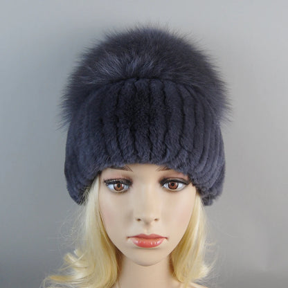 New Winter Lady Brand Hand Make Real Genuine Fox Fur Hat Scarf Girls Natural Real Rex Rabbit Fur Ring Cap Real Fur Scarves Hats