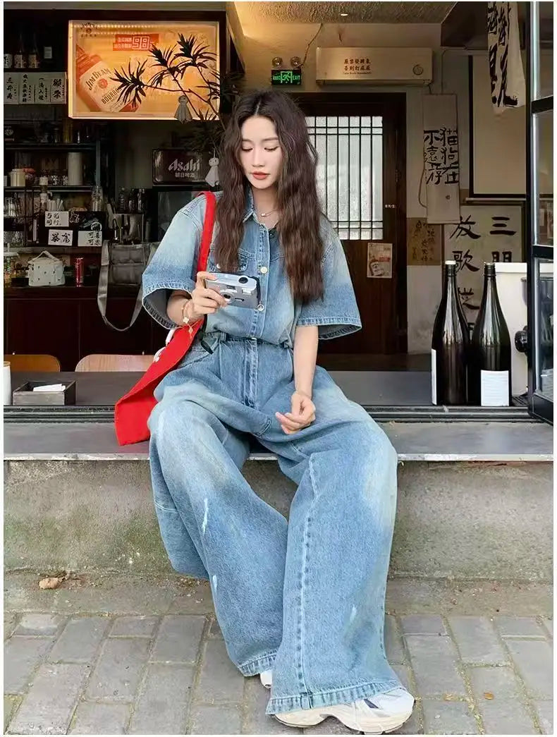Denim Vintage Jumpsuits Women Single Breasted Button Design Turn-down Collar Long Sleeve Romper Solid Pockets Overalls