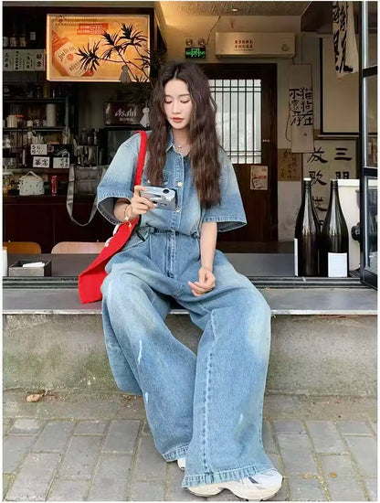 Denim Vintage Jumpsuits Women Single Breasted Button Design Turn-down Collar Long Sleeve Romper Solid Pockets Overalls