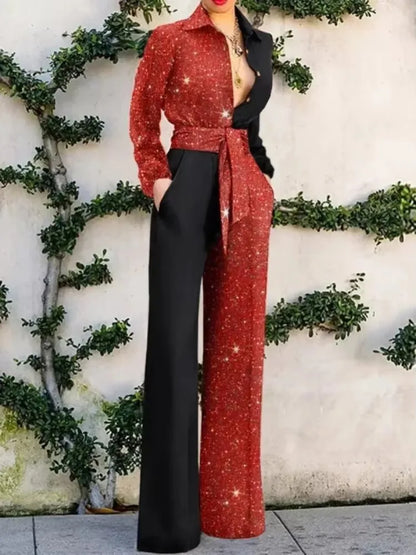 2026 New Women's Jumpsuit Fashion V-neck Sexy One-pieces Wide Leg Pants Party Shiny Elegant Rompers Ladies Chic Casual Bodysuits