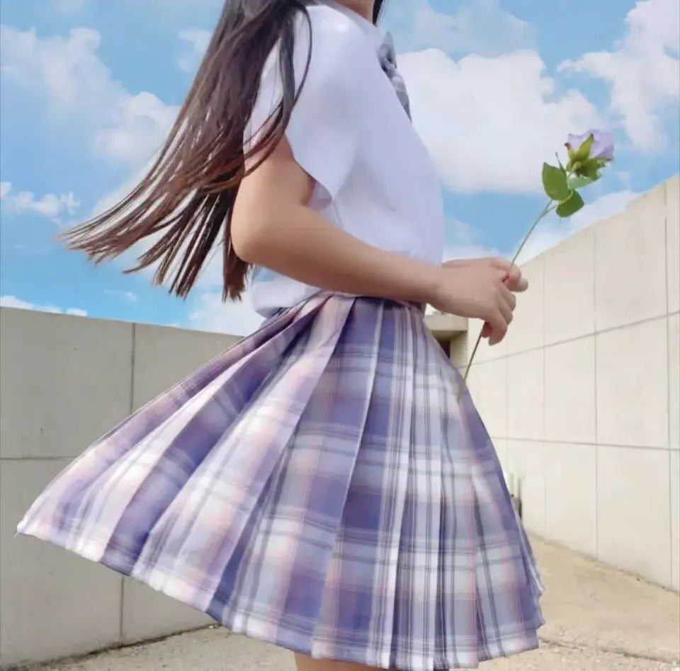 Romantic Purple Uniform JK Set Women 2025 Summer High Waist Skirts Korean Style Pleated Skirts Shirt And Tie For Cute Girls Suit