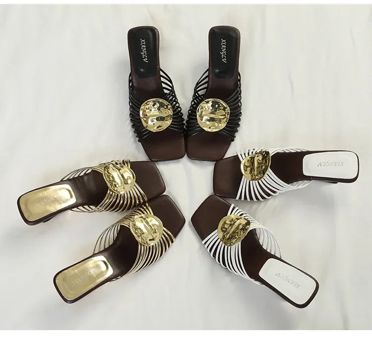 Luxury Designer Square Toe Slippers Heeled Sandals for Woman Shoes 2026 New Elegant Pumps Flip Flops Dress Summer Mujer Zapatos
