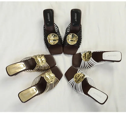 Luxury Designer Square Toe Slippers Heeled Sandals for Woman Shoes 2026 New Elegant Pumps Flip Flops Dress Summer Mujer Zapatos